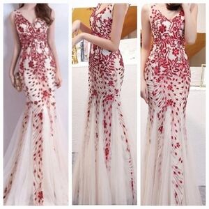Red Floral Sequined Mermaid Gown